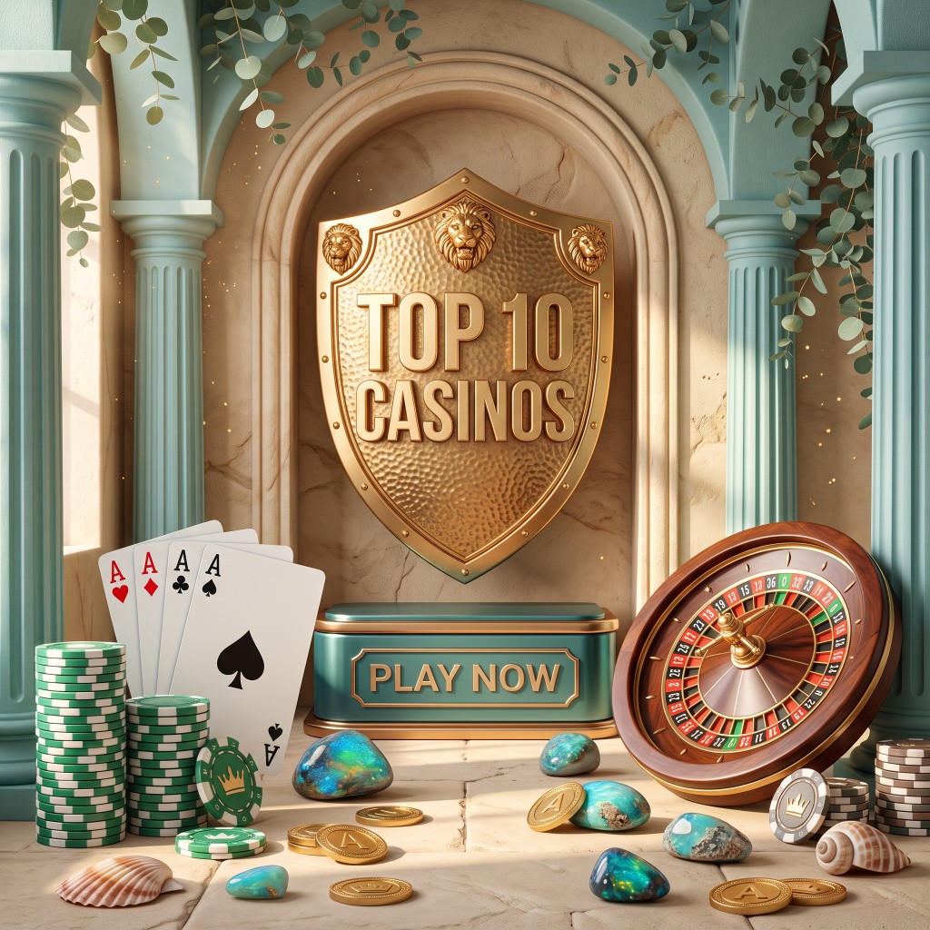 Casino atmosphere with golden shield, cards, chips and roulette